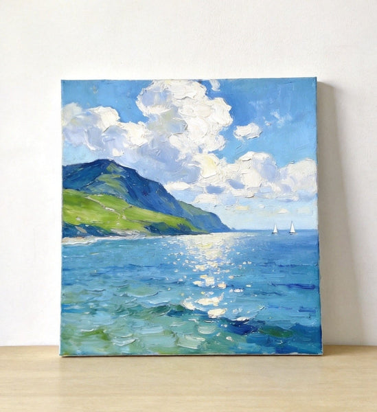 Bright Shoreline of the Blue Coast, Original Landscape Paintings, Original Oil Paintings, Hand Painted Canvas Art, Small Canvas Wall Art Paintings, Buy Small Paintings Online-HomePaintingDecor