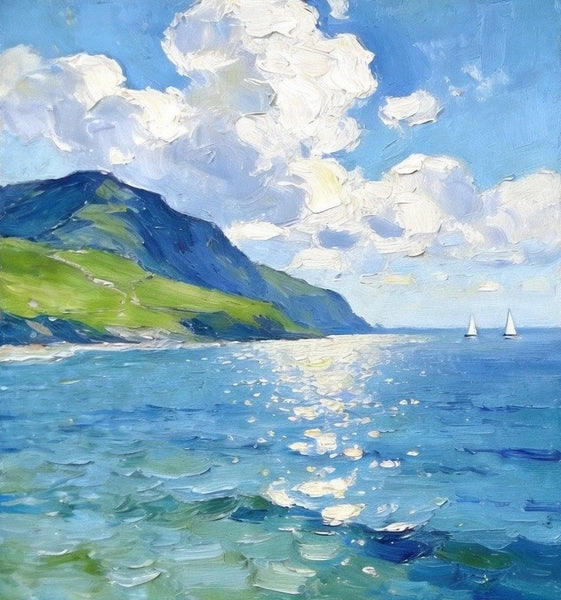 Bright Shoreline of the Blue Coast, Original Landscape Paintings, Original Oil Paintings, Hand Painted Canvas Art, Small Canvas Wall Art Paintings, Buy Small Paintings Online-HomePaintingDecor