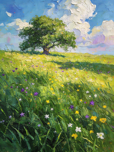 Springtime Landscape, A Vibrant Meadow under a Cloudy Sky, On Canvas Small Paintings, Landscape Oil Paintings, Hand Painted Canvas Art, Original Artwork Small Paintings on Wall-HomePaintingDecor