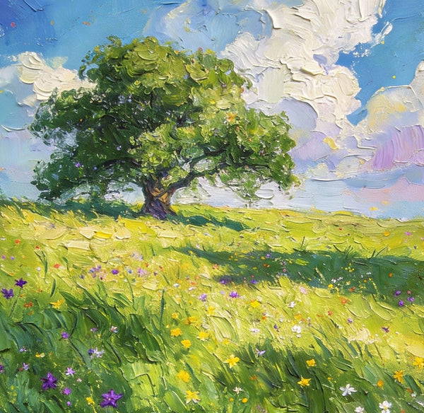 Springtime Landscape, A Vibrant Meadow under a Cloudy Sky, On Canvas Small Paintings, Landscape Oil Paintings, Hand Painted Canvas Art, Original Artwork Small Paintings on Wall-HomePaintingDecor