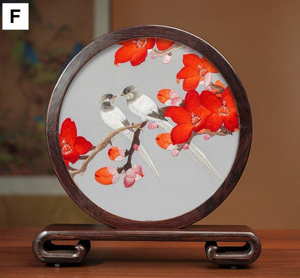 Flower and Bird Embroidery Ornaments, Unique Birthday Gift, Traditional Chinese Suzhou Silk Embroidered Ornament, Premium Souvenir, Exclusive Business Presents-HomePaintingDecor