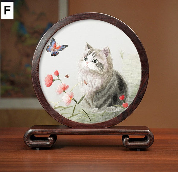 Unique Birthday Gift, Traditional Chinese Suzhou Kitten Embroidery Ornament, Lovely Kitty Cat Embroidered Decor, Premium Souvenir, Exclusive Business Present-HomePaintingDecor