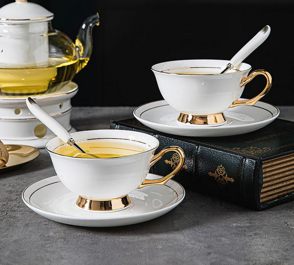 White Ceramic Cups, Elegant British Ceramic Coffee Cups, 7.8 oz Porcelain Tea Cup Saucer Set, Unique Tea Cup and Saucer in Gift Box-HomePaintingDecor