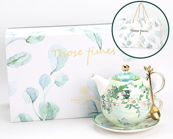 Ceramic Tea Pot with Integrated Cup, Mother-and-Baby Teapot with Matching Saucer, Vintage Style Stackable Tea Pot Set, English Style Tea Pot and Cup Set-HomePaintingDecor