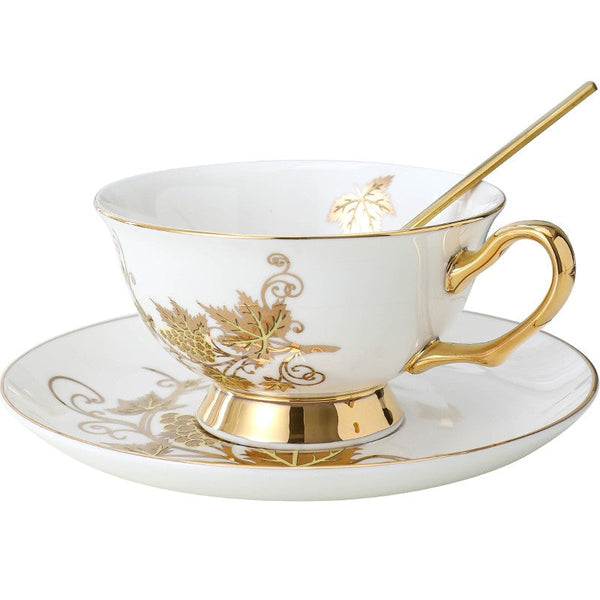 Golden Leaves and Grapes Porcelain Tea Cup Saucer Set, 7.4 oz British Tea Cup and Saucer in Gift Box, Elegant British Ceramic Coffee Cups-HomePaintingDecor