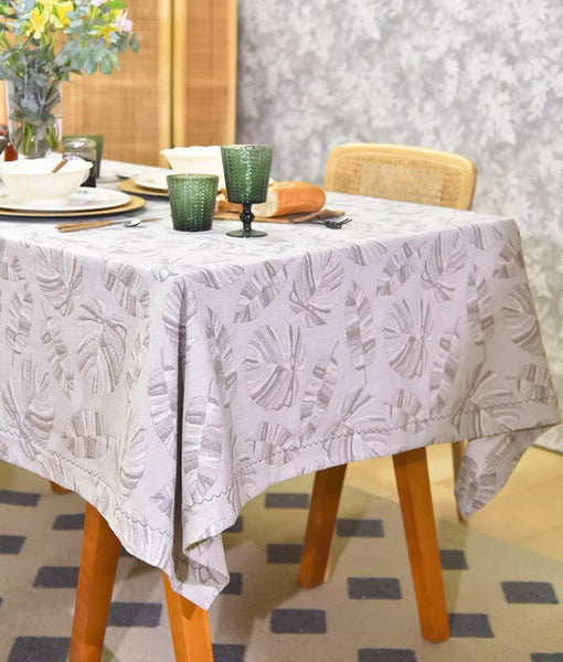 Monstera Leaf Modern Table Cloths for Kitchen, Simple Contemporary Grey Cotton Tablecloth, Large Rectangle Table Covers for Dining Room Table, Square Tablecloth for Round Table-HomePaintingDecor