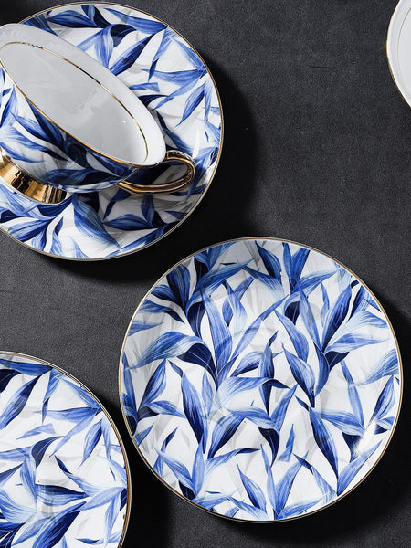 Unique British Tea Cup and Saucer in Gift Box, Blue Porcelain Tea Cup Saucer Set, 7.4 oz British Ceramic Coffee Cups-HomePaintingDecor