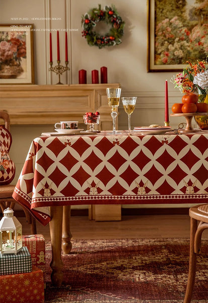 Holiday Red Tablecloth for Dining Table, Rabbit Pattern Table Cover for Dining Room Table, Modern Rectangle Tablecloth for Oval Table-HomePaintingDecor