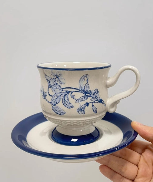 Creative Blue Coffee Cup and Saucer, Elegant Ceramic Cups for Afternoon Tea, Creative Porcelain Tea Cup Set, Beautiful British Tea Cups-HomePaintingDecor