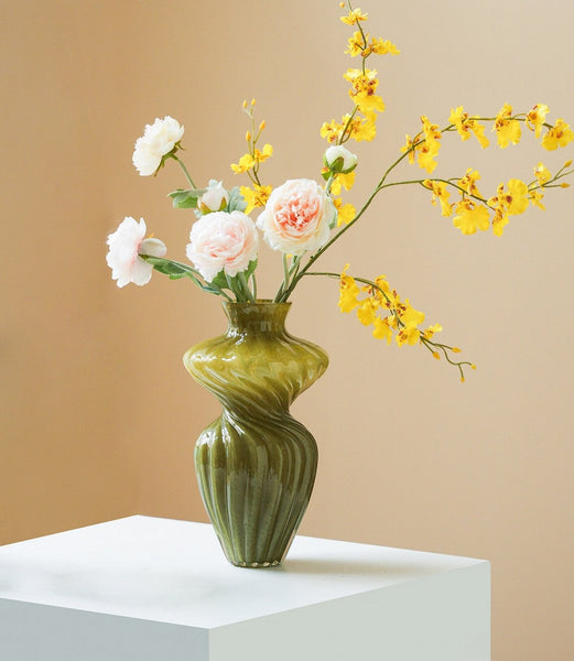 Handmade Contemporary Glass Vases, Modern Green Vases for Living Room, Mid Century Vases for Flowers, Unique Decorative Glass Vase, Centerpiece Vases on Table-HomePaintingDecor