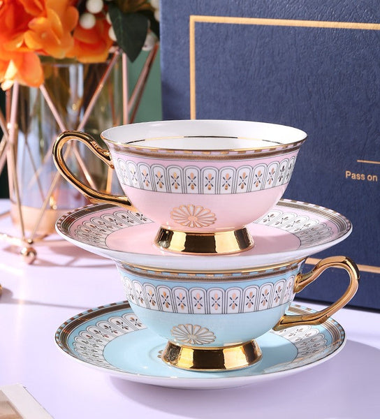 Royal Blue and Pink Bone China Porcelain Tea Cup Set, Tea Cups and Saucers in Gift Box, Elegant Ceramic Coffee Cups, Beautiful British Tea Cups-HomePaintingDecor