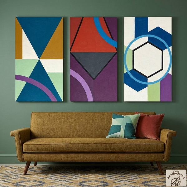 Geometric Abstract Paintings for Modernism Living Room Decor, Multi Panel Canvas Art, Extra Large Group Paintings, Hand Painted Artwork-HomePaintingDecor