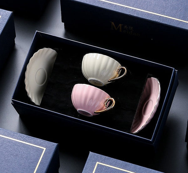 Creative Porcelain Tea Cup Saucer Set of 2 Cups, Elegant Macaroon Ceramic Coffee Cups, Beautiful British Tea Cups, 6.8 oz Tea Cup and Saucer in Gift Box as Birthday Gift-HomePaintingDecor
