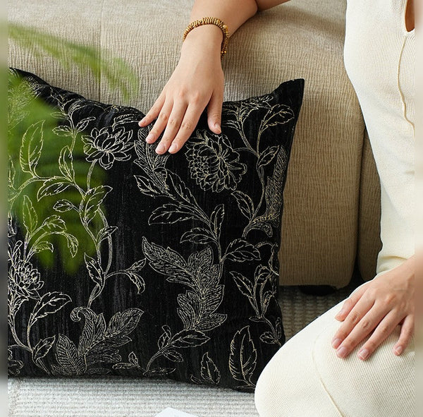 Contemporary Modern Sofa Pillows, Black Embroidery Flower Pattern Pillows for Couch, Decorative Throw Pillows for Bedroom, Large Modern Sofa Pillow for Dining Room-HomePaintingDecor