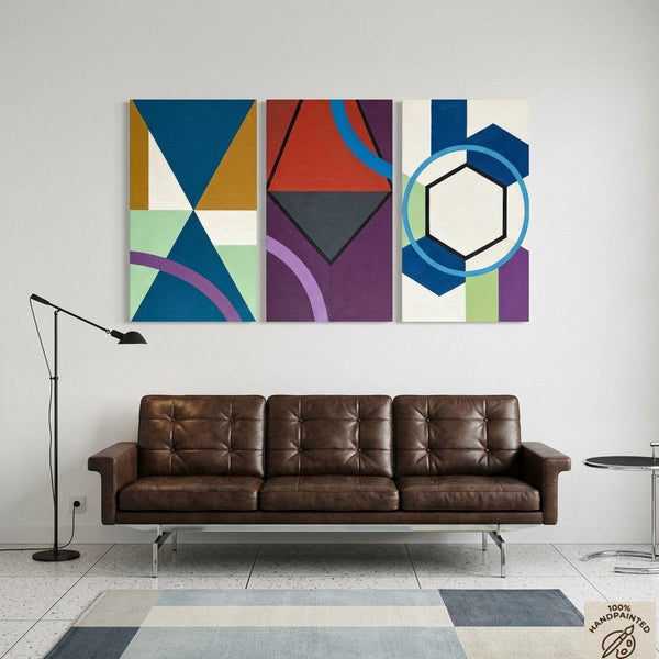 Geometric Abstract Paintings for Modernism Living Room Decor, Multi Panel Canvas Art, Extra Large Group Paintings, Hand Painted Artwork-HomePaintingDecor