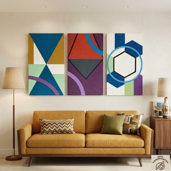 Geometric Abstract Paintings for Modernism Living Room Decor, Multi Panel Canvas Art, Extra Large Group Paintings, Hand Painted Artwork-HomePaintingDecor