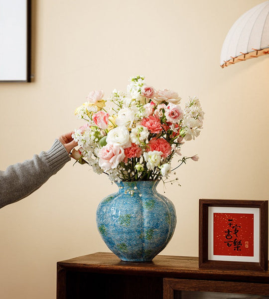 Pottery Flower Vases, Modern Bouquet Flower Vases, Centerpiece on Dining Table, Blue Flower Vase on Table, Handmade Water Holding Flower Vases-HomePaintingDecor