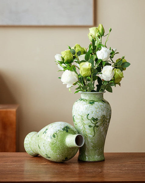 Large Flower Vases on Table, Green Porcelain Flower Vases, Centerpiece Ceramic Bud Vases, Handmade Water Holding Flower Vase-HomePaintingDecor