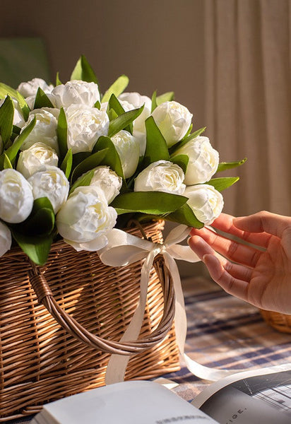 Spring Artificial Floral for Dining Room Table, White Tulip Flowers, Bedroom Flower Arrangement Ideas, Simple Modern Floral Arrangement Ideas for Home Decoration-HomePaintingDecor