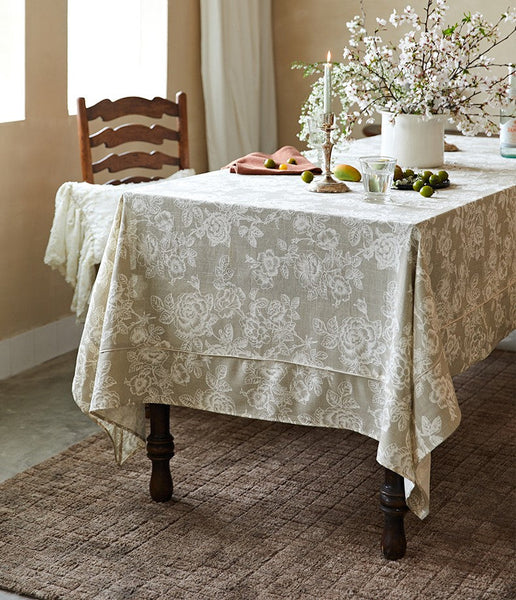French Flower Pattern Tablecloth for Round Table, Vintage Rectangle Tablecloth for Dining Room Table, Rustic Farmhouse Table Cover for Kitchen-HomePaintingDecor