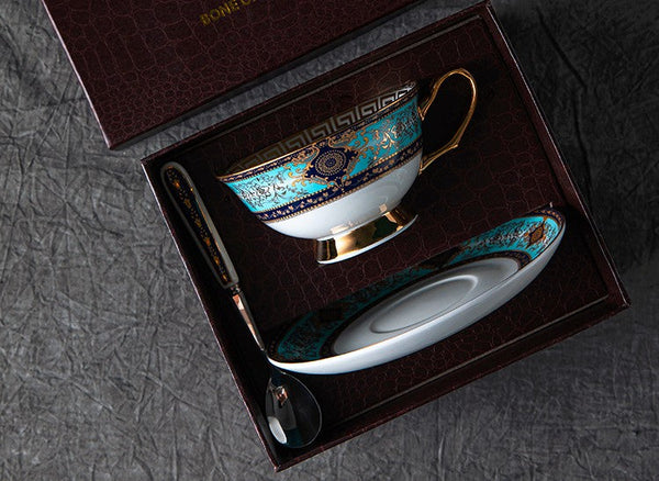 Unique Tea Cup and Saucer in Gift Box, 7.4 oz British Ceramic Coffee Cups, Porcelain Tea Cup Set for Office-HomePaintingDecor