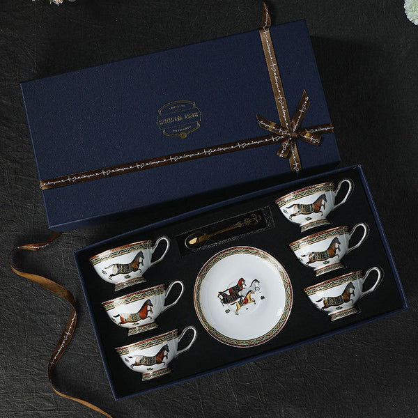 Elegant British Horse Pattern Coffee Cup with Saucer, Ceramic Tea Cup and Saucer in Gift Box, Porcelain Tea Cup and Saucer Set-HomePaintingDecor