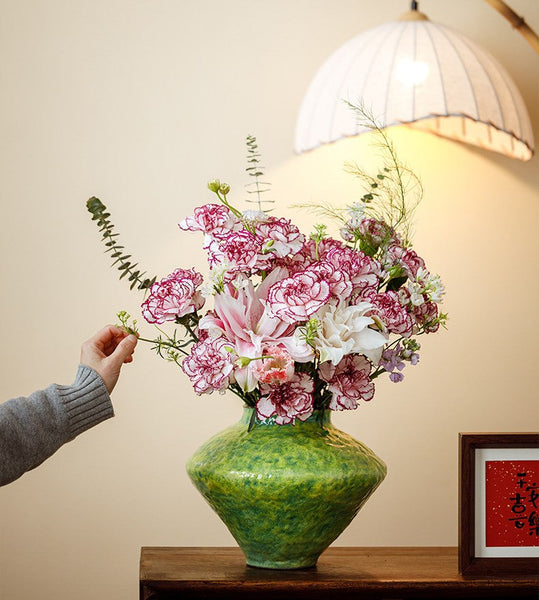 Centerpiece on Dining Table, Modern Pottery Flower Vases, Handmade Water Holding Flower Vases, Pottery Bud Vases, Large Green Flower Vases on Table-HomePaintingDecor