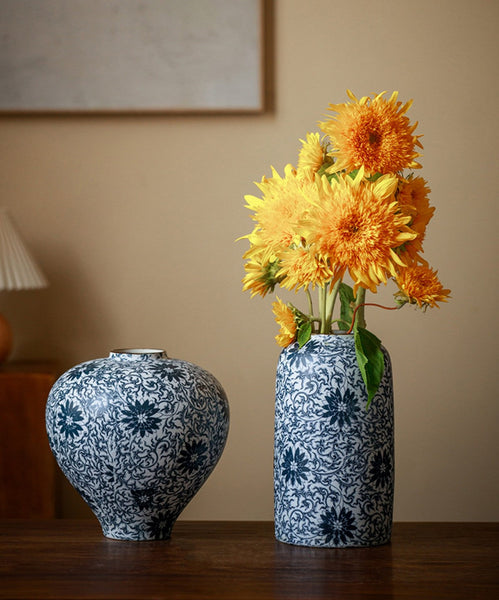 Centerpiece on Dining Table, Large Blue Flower Vase on Table, Vintage Bouquet Flower Vases, Handmade Porcelain Flower Vases Urn, Water Holding Flower Vases-HomePaintingDecor