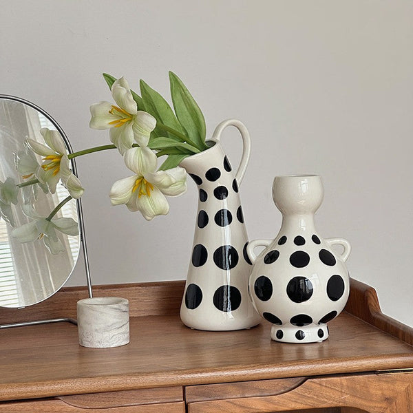 Ceramic Bud Vases, Small Flower Vases on Table, Black and White Polka Dot Flower Vase, Modern Porcelain Flower Vases, Handmade Water Holding Flower Vases-HomePaintingDecor