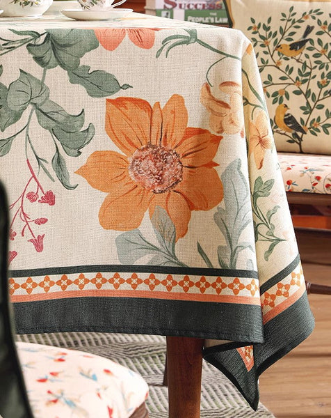 Linen Table Cover for Dining Room Table, Beautiful Kitchen Table Cover, Spring Flower Tablecloth for Round Table, Simple Modern Rectangle Tablecloth Ideas for Oval Table-HomePaintingDecor