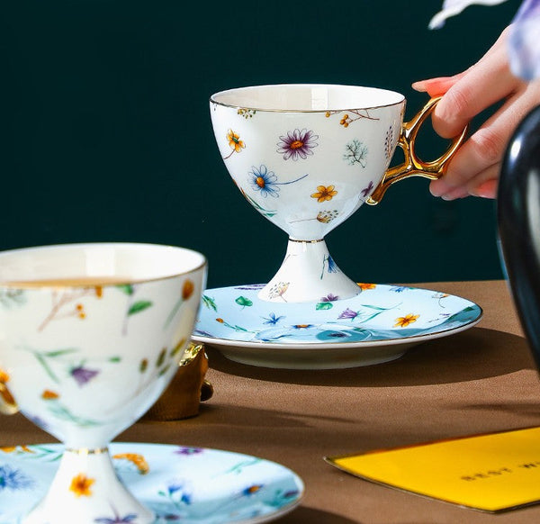 Porcelain Tea Cup and Sucer Set, Flower Ceramic Tea Cup and Saucer, Floral Tea Cup and Saucer Set in Gift Box, Elegant British Ceramic Coffee Cup with Sucer-HomePaintingDecor
