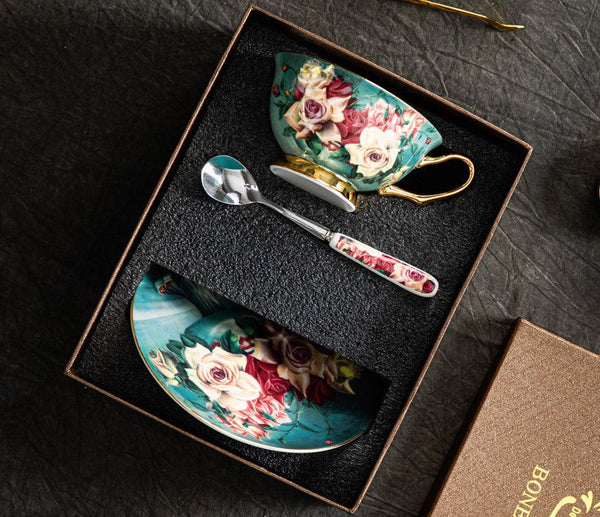 Large Rose Royal Ceramic Cups, Afternoon Bone China Porcelain Tea Cup Set, Unique Tea Cups and Saucers in Gift Box, Elegant Flower Ceramic Coffee Cups-HomePaintingDecor