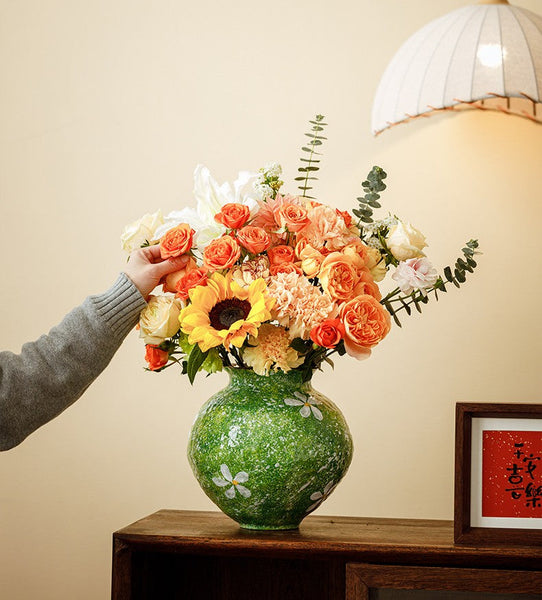 Centerpiece on Dining Table, Handmade Water Holding Flower Vases, Modern Pottery Flower Vases, Pottery Bud Vases, Large Green Flower Vases on Table-HomePaintingDecor