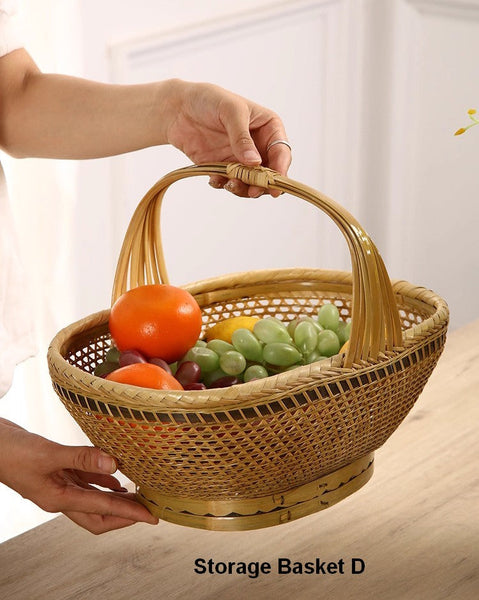 Natural Hand-woven Bamboo Basket, Natural Fruit Basket Kitchen Storage Baskets, Extra Large Picnic Food Basket with Handle, Lovely Bamboo Baskets for Vegetable-HomePaintingDecor