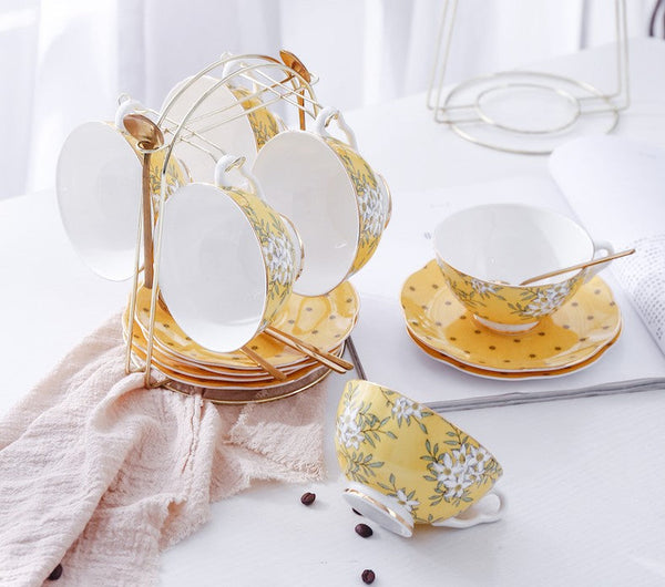Creative Yellow Ceramic Coffee Cups, Unique Flower Coffee Cup and Saucer, Beautiful British Tea Cups, Creative Porcelain Tea Cup Set-HomePaintingDecor