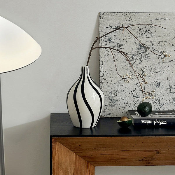 Porcelain Flower Vases, Modern Flower Vases on Table, Water Holding Flower Vases, Black and White Striped Ceramic Vase-HomePaintingDecor