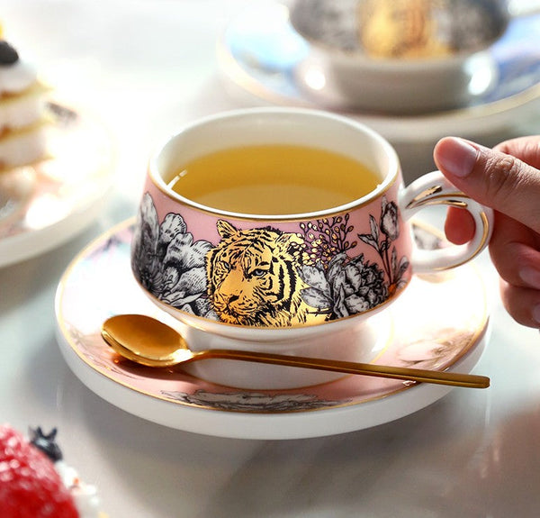 Handmade Ceramic Cups with Gold Trim and Gift Box, Jungle Tiger Cheetah Porcelain Coffee Cups, Creative Ceramic Tea Cup and Saucer-HomePaintingDecor