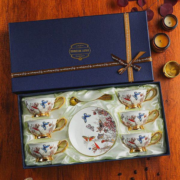 Ceramic Coffee Cups in Gift Box, Butterfly Pattern Porcelain Tea Cup and Saucer Set, British Afternoon Tea Cup and Saucer Set-HomePaintingDecor