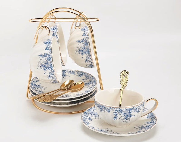 Blue Bone China Porcelain Tea Cup Set, British Royal Ceramic Cups for Afternoon Tea, Unique Blue Tea Cup and Saucer in Gift Box, Elegant Ceramic Coffee Cups-HomePaintingDecor
