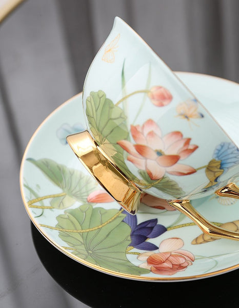 Lotus Flower Porcelain Tea Cup Saucer Set, Unique British Tea Cup and Saucer in Gift Box, Elegant British Ceramic Coffee Cups-HomePaintingDecor