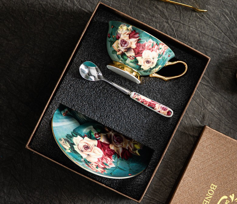 Rose Royal Ceramic Cups, Elegant Flower Ceramic Coffee Cups, Afternoon Bone China Porcelain Tea Cup Set, Unique Tea Cups and Saucers in Gift Box-HomePaintingDecor