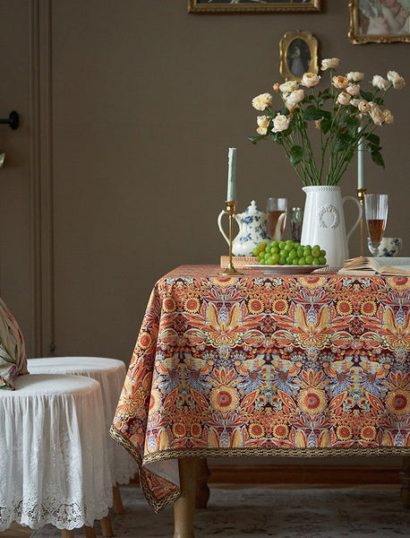 Flower Pattern Tablecloth, Square Tablecloth for Round Table, Large Cotton Rectangle Tablecloth for Home Decoration, Farmhouse Table Cloth Dining Room Table-HomePaintingDecor