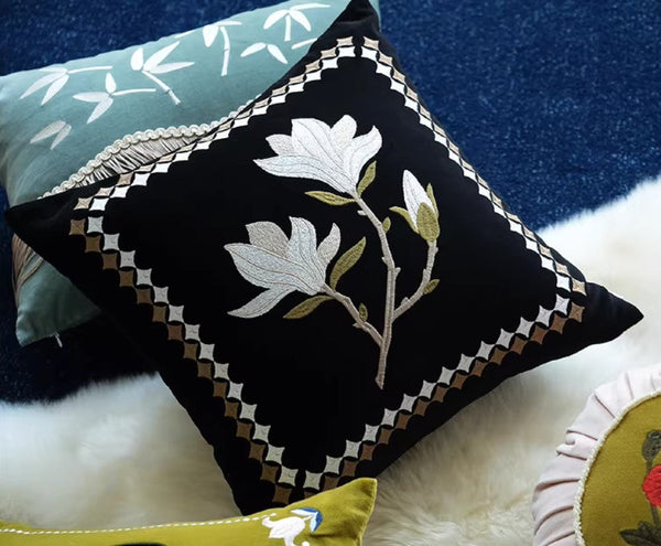 Decorative Pillow Arrangement Ideas for Couch, Magnolia Embroidered Cushion, Large Decorative Pillows for Couch, Modern Throw Pillows for Bedroom, Living Room Decorative Pillows-HomePaintingDecor