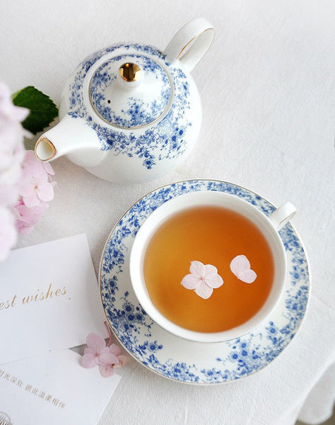 Mother and Baby Teapot with Matching Saucer British Style Porcelain Teapot with Matching Cup and Saucer in Gift Box, Ceramic Tea Pot with Integrated Cup, Stackable Teapot and Cup Set-HomePaintingDecor