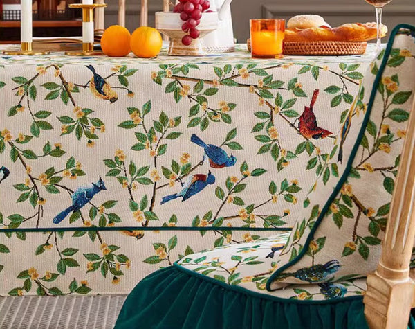 Large Modern Rectangle Tablecloth for Dining Room Table, Bird Flower Pattern Farmhouse Table Cloth, Square Tablecloth for Round Table-HomePaintingDecor