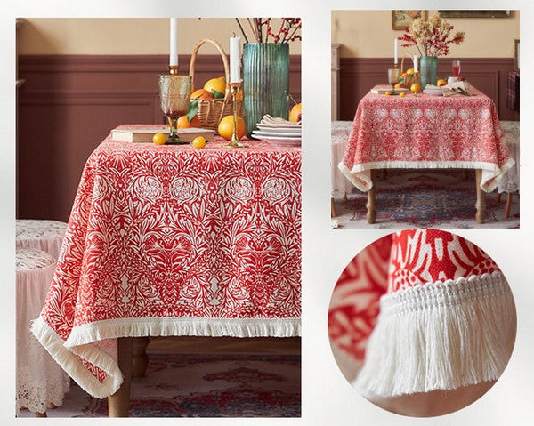 Large Fiberflax Rectangle Tablecloth for Home Decoration, Red Flower Pattern Tablecloth for Holiday Decoration, Square Tablecloth for Round Table-HomePaintingDecor