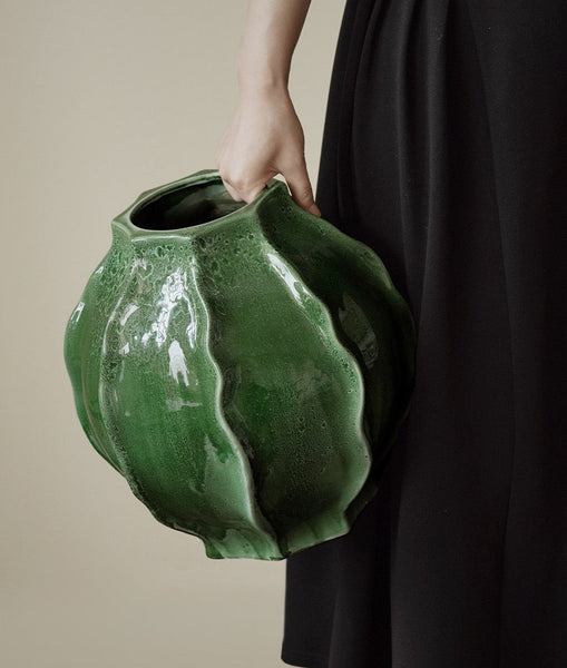 Large Contemporary Vases on Dining Table, Handmade Modern Flower Vase, Centerpiece Ceramic Bouquet Vases, Green Porcelain Vases for Modern Home Decor-HomePaintingDecor