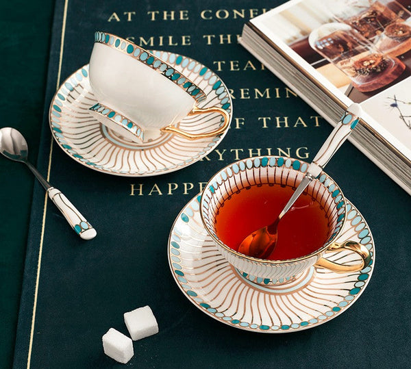 Unique Tea Cup and Saucer in Gift Box, Elegant British Ceramic Coffee Cups, Bone China Porcelain Tea Cup Set for Office, Green Ceramic Cups
