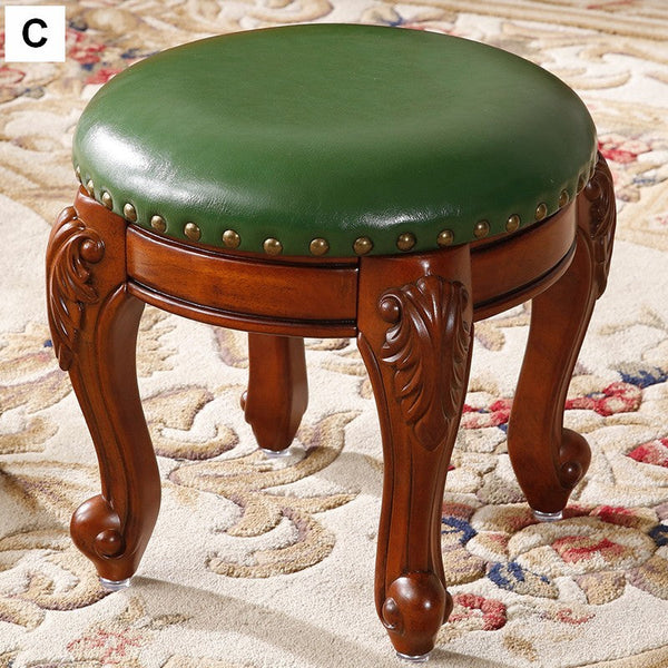Solid Wood Ottoman, Rubberwood Entry Bench, Vanity Stool, Genuine Leather Solid Wood Entry Bench, Vintage Round Stool-HomePaintingDecor