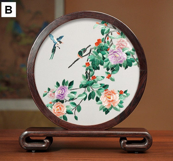 Premium Souvenir, Creative Birthday Gift, Elegant Silk Embroidery Ornaments, Traditional Chinese Suzhou Flower and Birds Silk Embroidery, Exclusive Business Presents-HomePaintingDecor